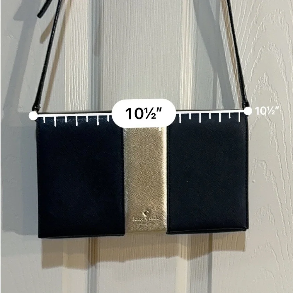 Kate Spade New York Saffiano Leather Crossbody Bag Navy Blue Gold Stripe
